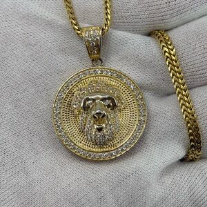 925 SterlingSilver 18K Gold Plated Lion Head Medallion Pendant Iced CZ 11g Charm